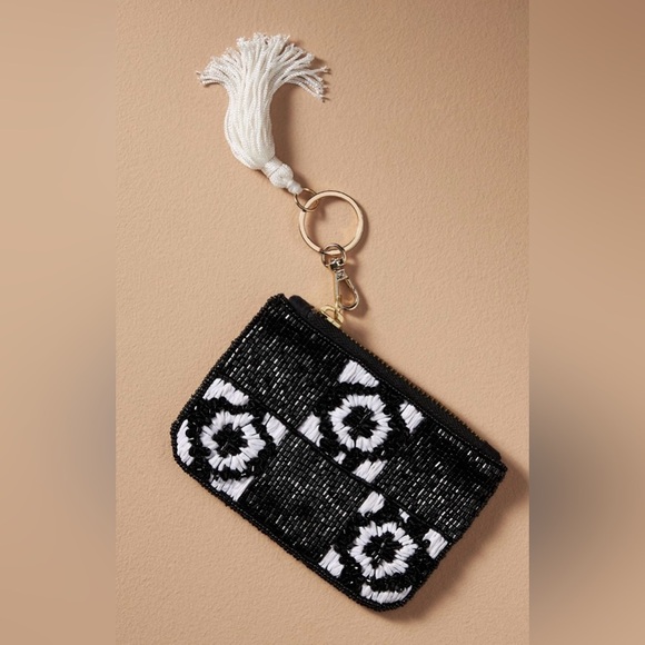 Anthropologie Beaded Floral Check Coin Purse NWT